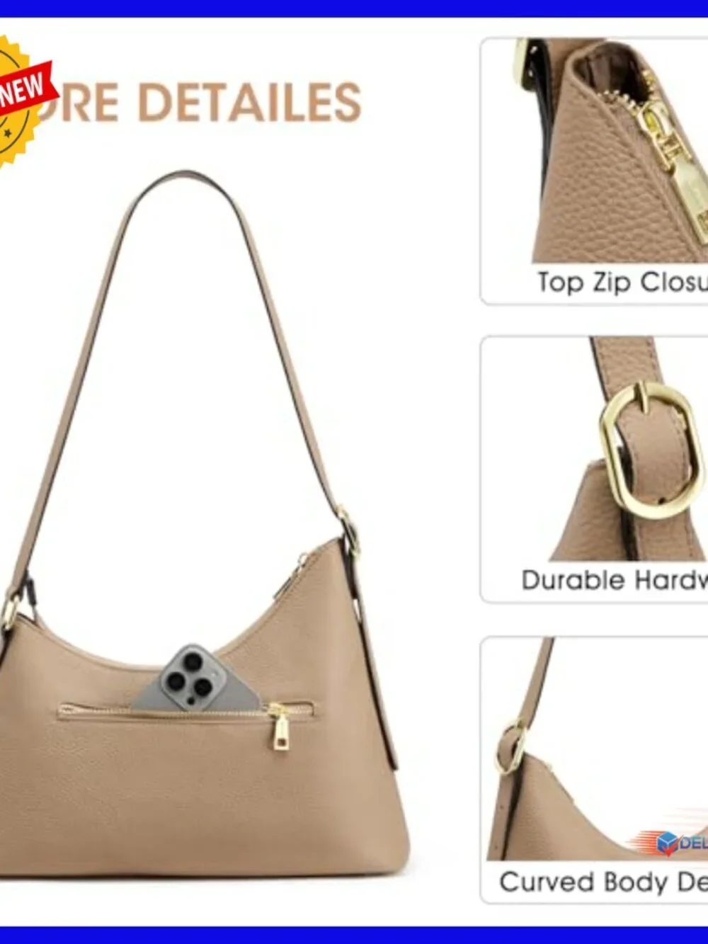 Leather Hobo Shoulder Bag with Card Pockets, Adjustable Strap, Tote